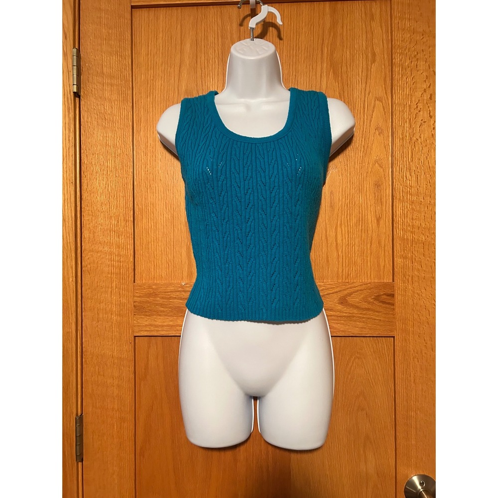 Vintage Absolutely Cotton Pointelle Tank Top Teal Blue Cable Knit Women's Small